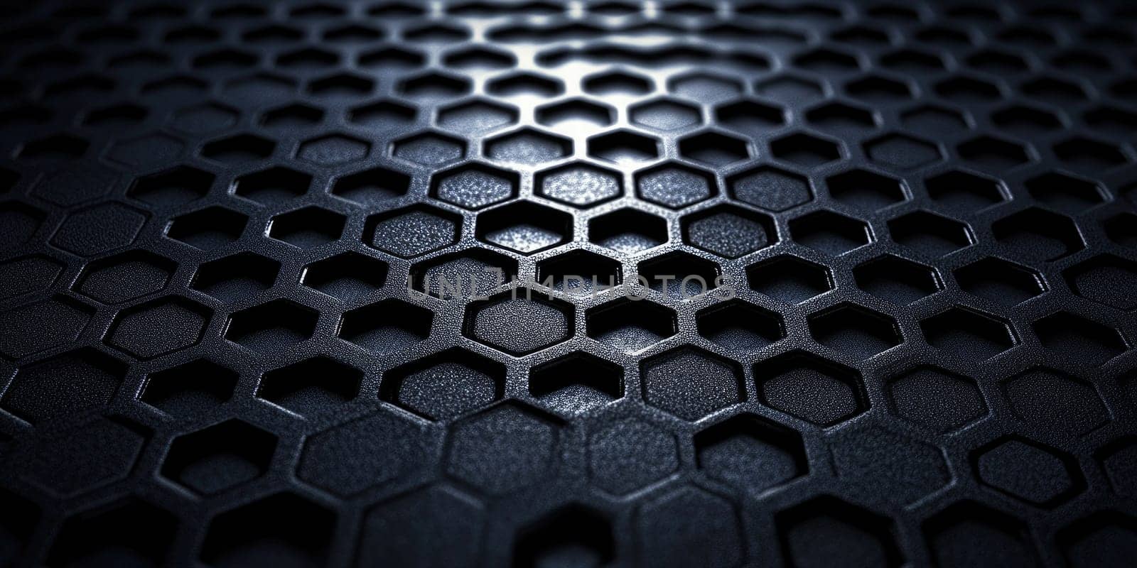 This abstract background features an intricate hexagonal pattern on a sleek black matte surface. The ultra-detailed texture and soft shadows create a minimalistic and professional appearance.