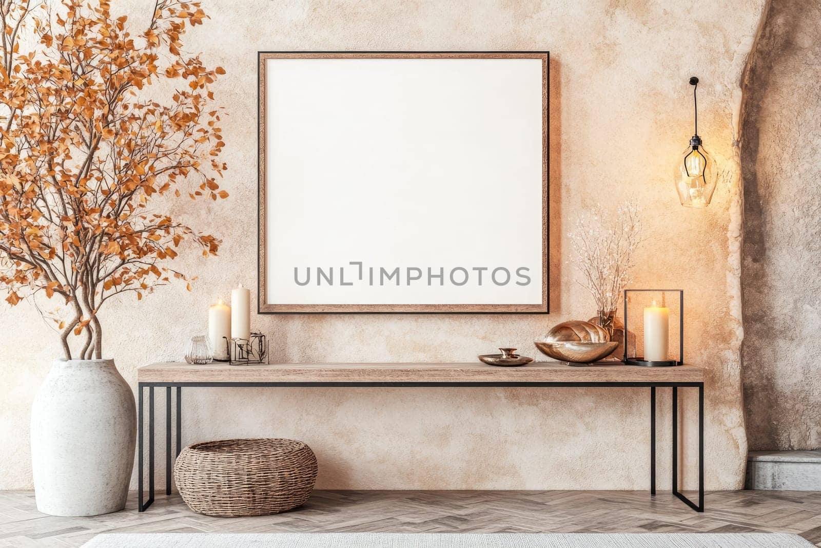 Empty white poster framed in wood rests on a contemporary console table adorned with a vase, candles, and ambient lighting. The setting emphasizes a minimalistic aesthetic and cozy atmosphere.