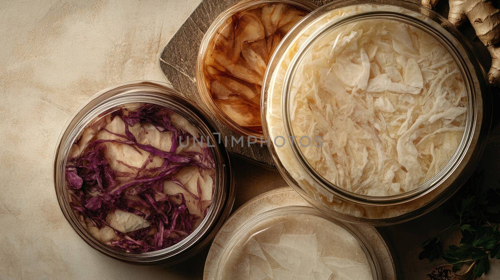 Fermented ingredients are displayed in small artisan jars, featuring vibrant kimchi, purple sauerkraut, and pickled ginger.