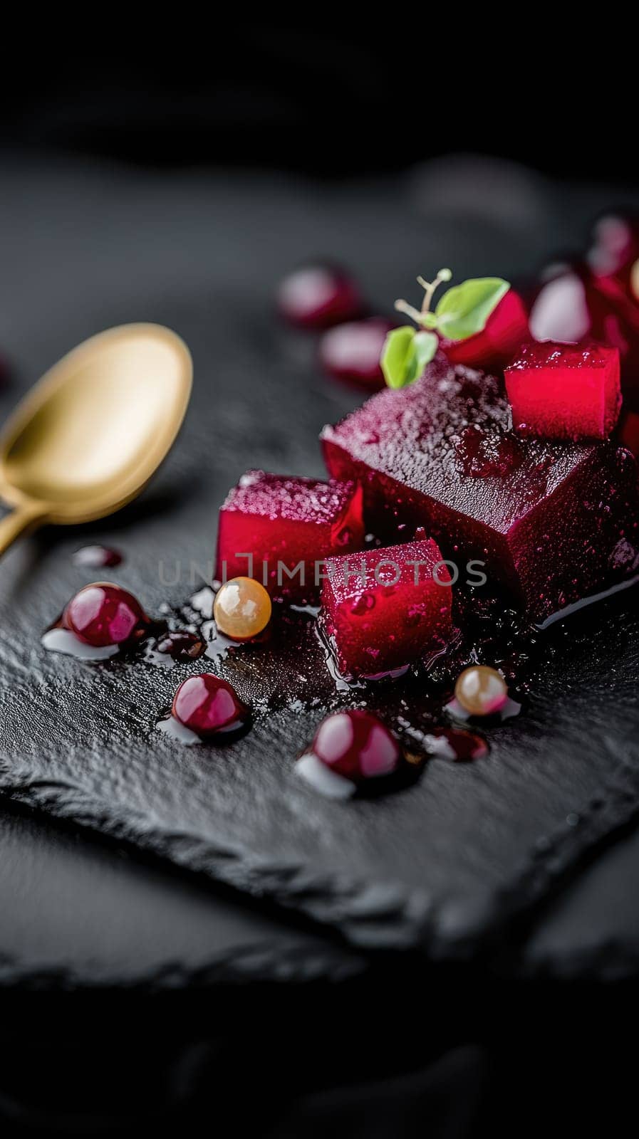 Fermented plum and beetroot cubes artfully presented with kombucha pearls on a black slate plate. A single gold spoon complements the luxurious, dark ambiance of the composition.