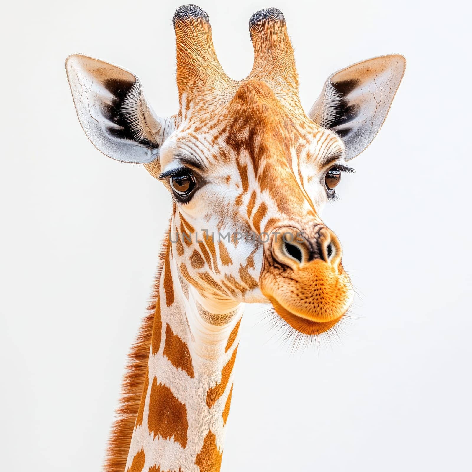 Profile view of a graceful giraffe with an elongated neck and neutral expression, displaying its striking features against a white background.