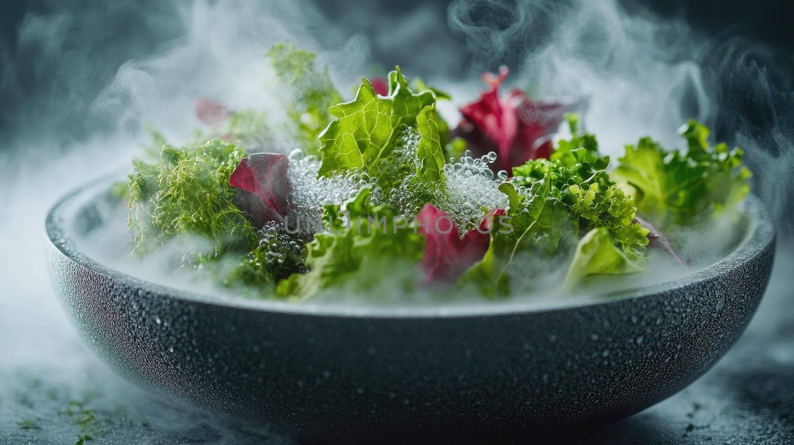 A bowl filled with an innovative mix of greens and seaweed sits in a softly lit environment. Molecular gastronomy elements are present, creating an atmosphere of fine dining with a futuristic twist.