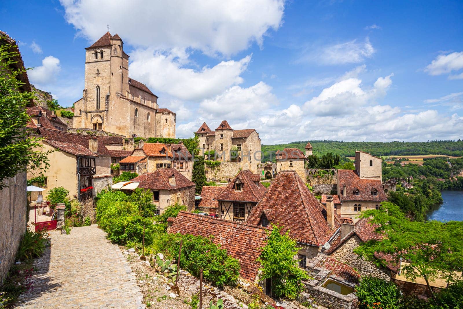 View over the old village of Saint-Cirq-Lapopie in the Occitanie region of southwestern France
