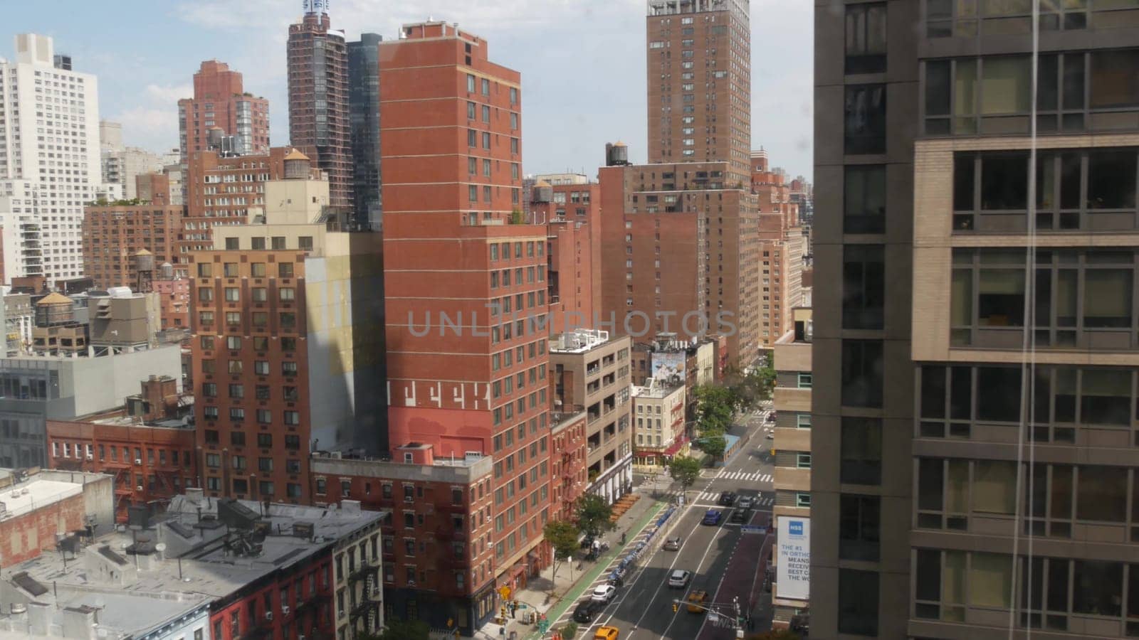 New York City, United States - 4 Sept 2023: Roosevelt Island tramway to Manhattan Midtown streets. American cable tram, Queensboro Bridge. Urban public transport, USA. Building architecture cityscape.