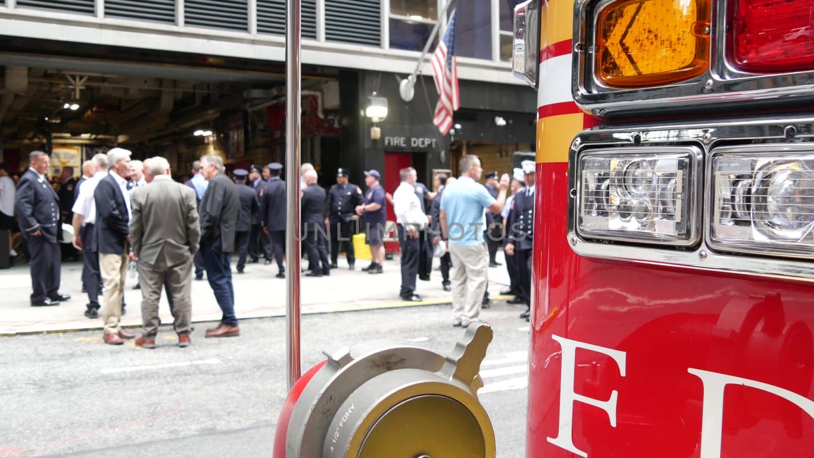 New York City, United States - 11 September 2023: Firefighters celebrate Patriot Day. 911 memorial remembrance event, FDNY commemorate anniversary. Fire Department Station, Manhattan Midtown firehouse