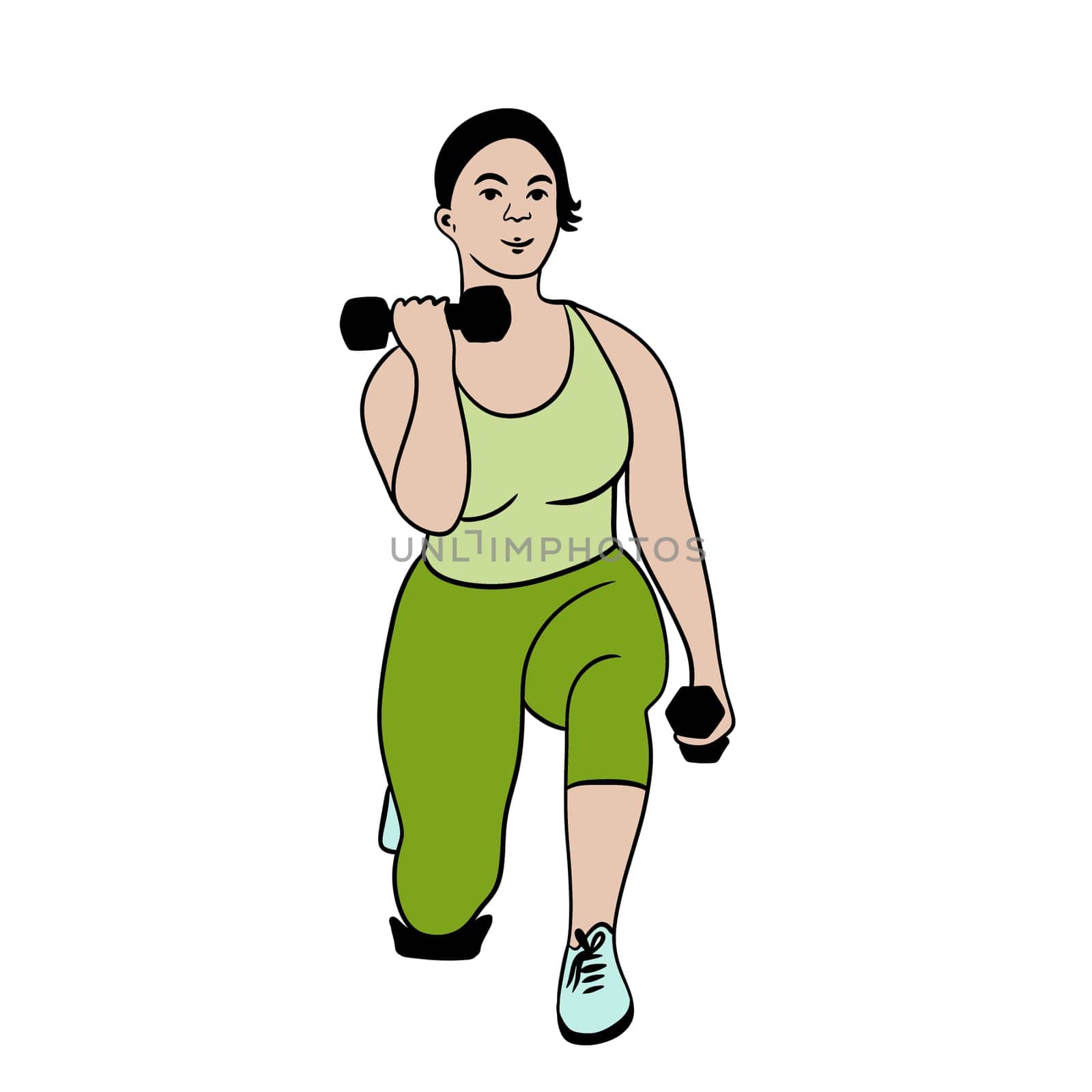 Hand drawn illustration of fitness training woman. Physical exercises gym session working out, modern sport art, confident fit female, weightlifting bodybuilding muscles, young girl athletic