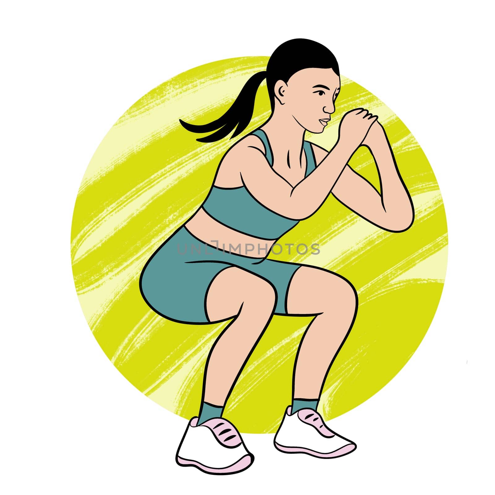 Hand drawn illustration of fitness training woman. Physical exercises gym session working out, modern sport art, confident fit female, weightlifting bodybuilding muscles, young girl athletic