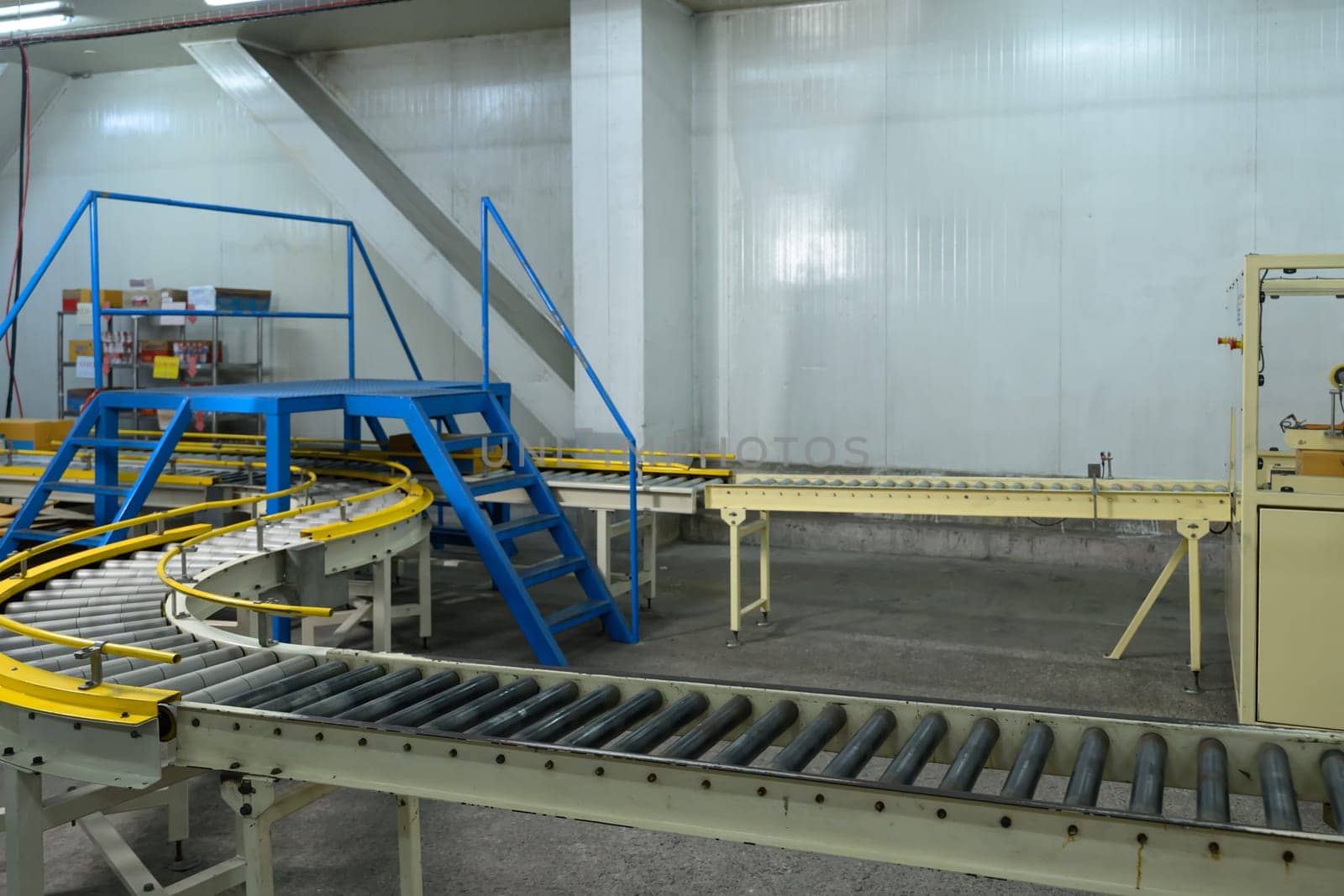 Empty conveyor belts in a food production facility.