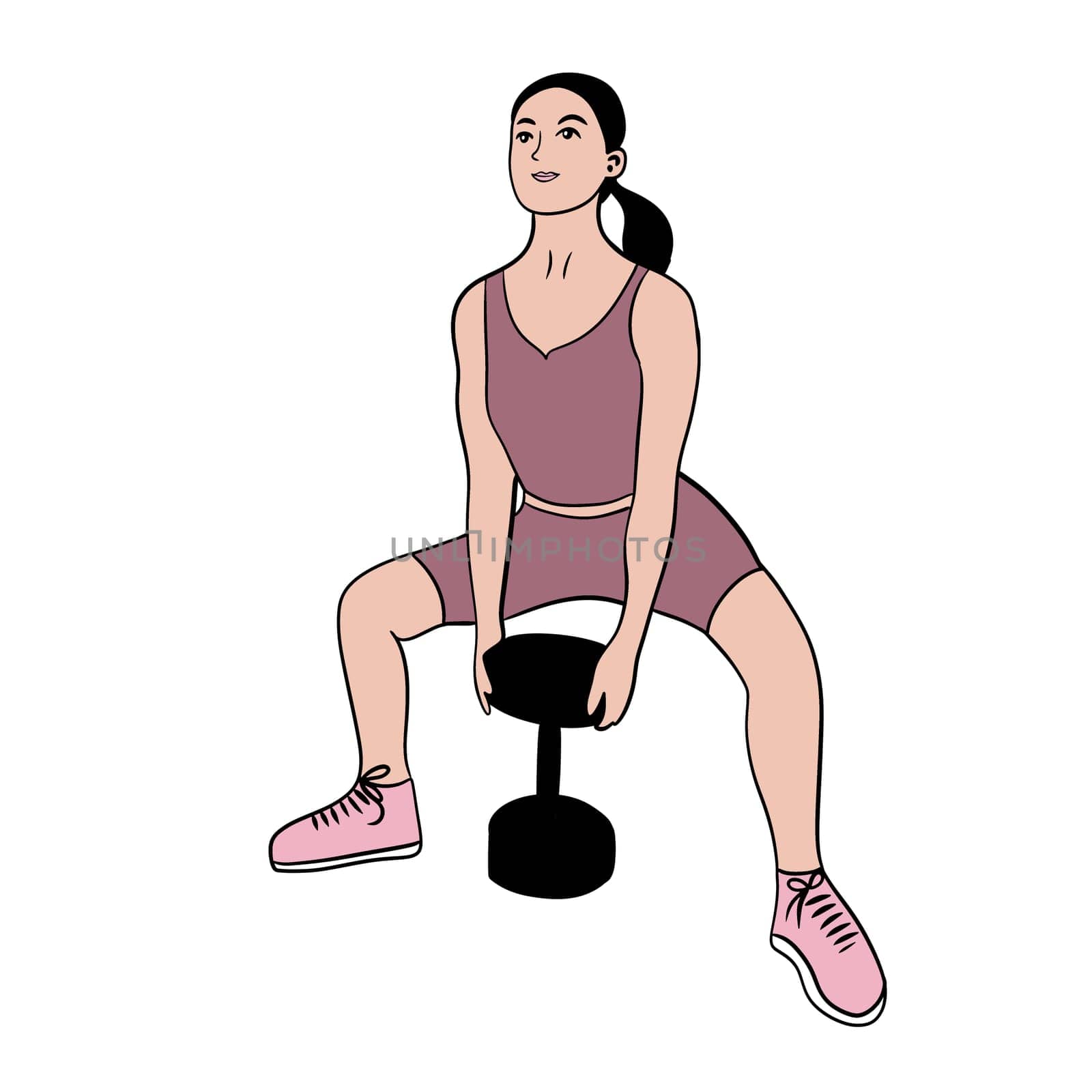 Hand drawn illustration of fitness training woman. Physical exercises gym session working out, modern sport art, confident fit female, weightlifting bodybuilding muscles, young girl athletic