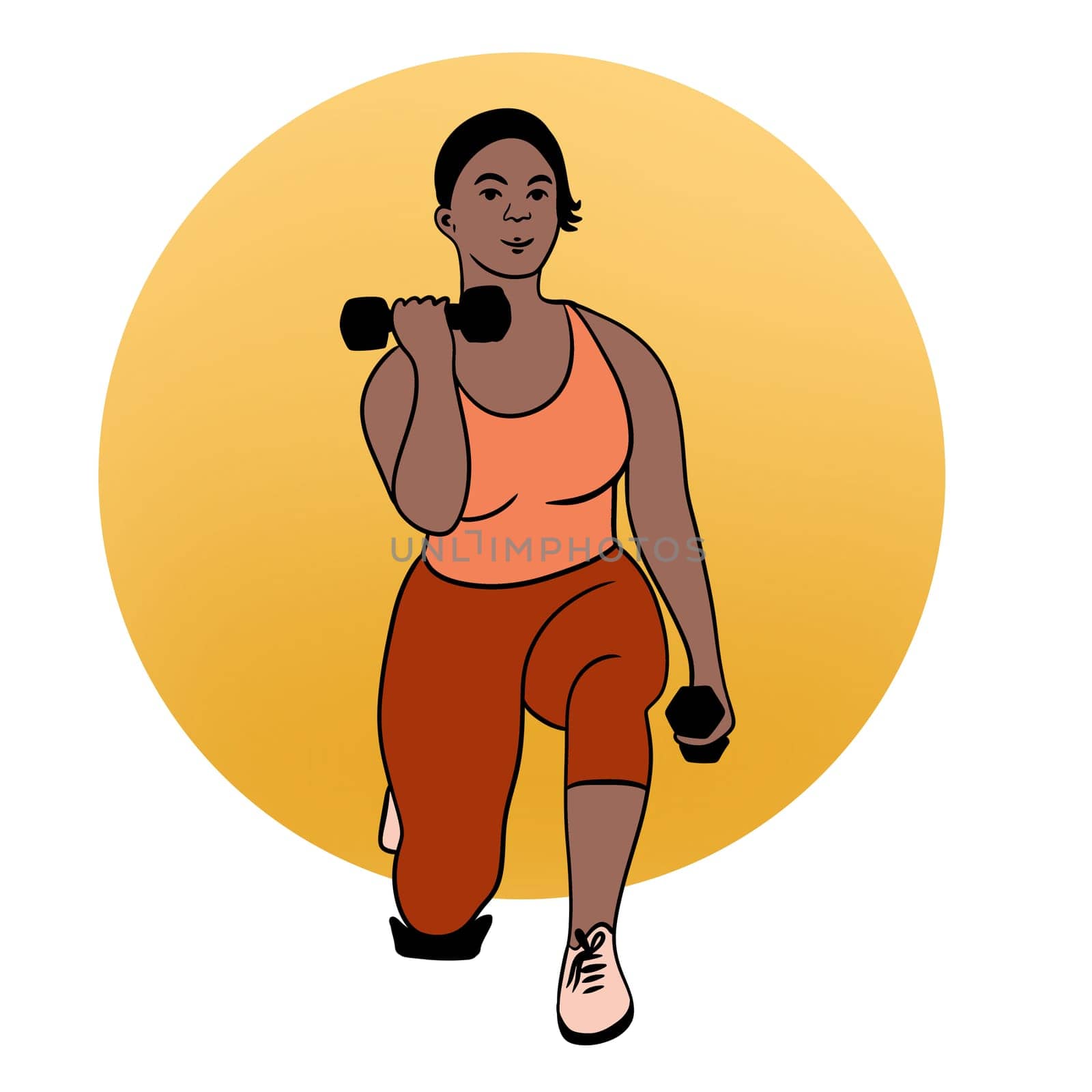 Hand drawn illustration of fitness training woman. Physical exercises gym session working out, modern sport art, confident fit female, weightlifting bodybuilding muscles, young girl athletic