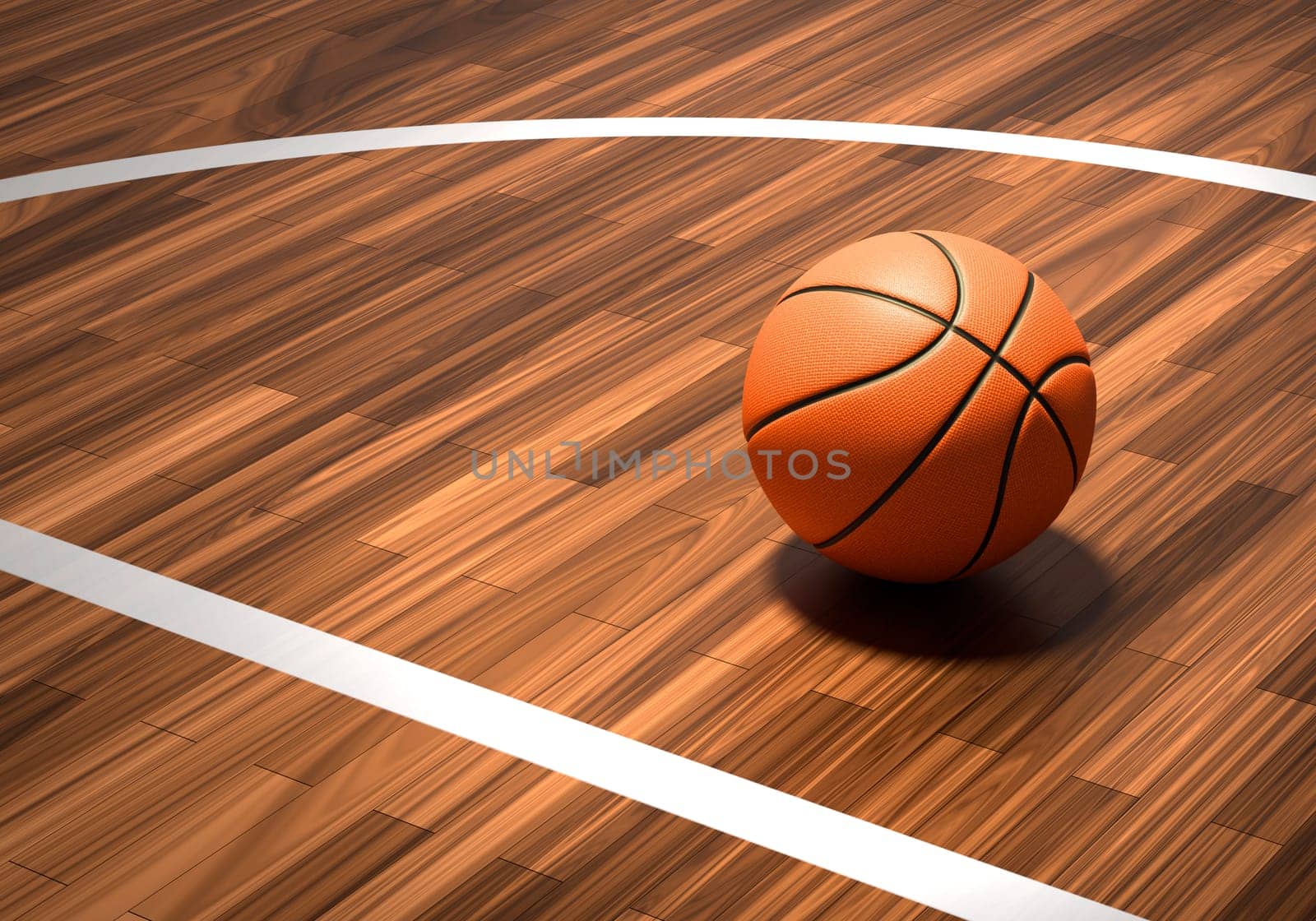 An official orange basketball ball on a hardwood basketball court