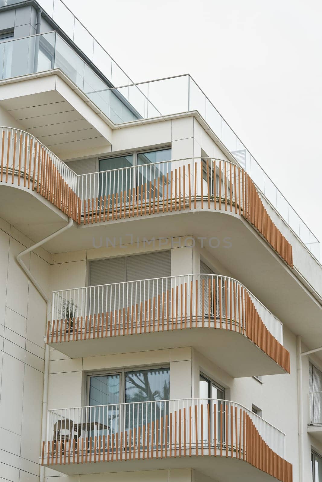 Facade of a residential building with balcony in the city center of Swinoujscie in Poland