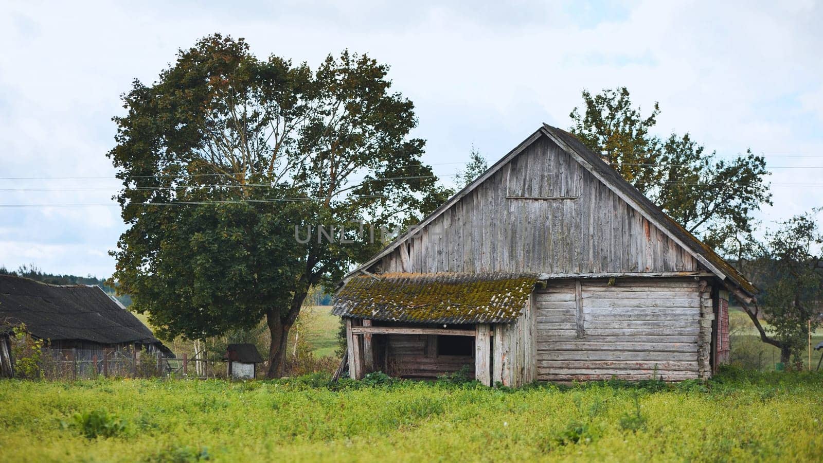 Dilapidated wooden barn building standing in a green grass field, showing signs of aging and decay, creating a rustic countryside scene