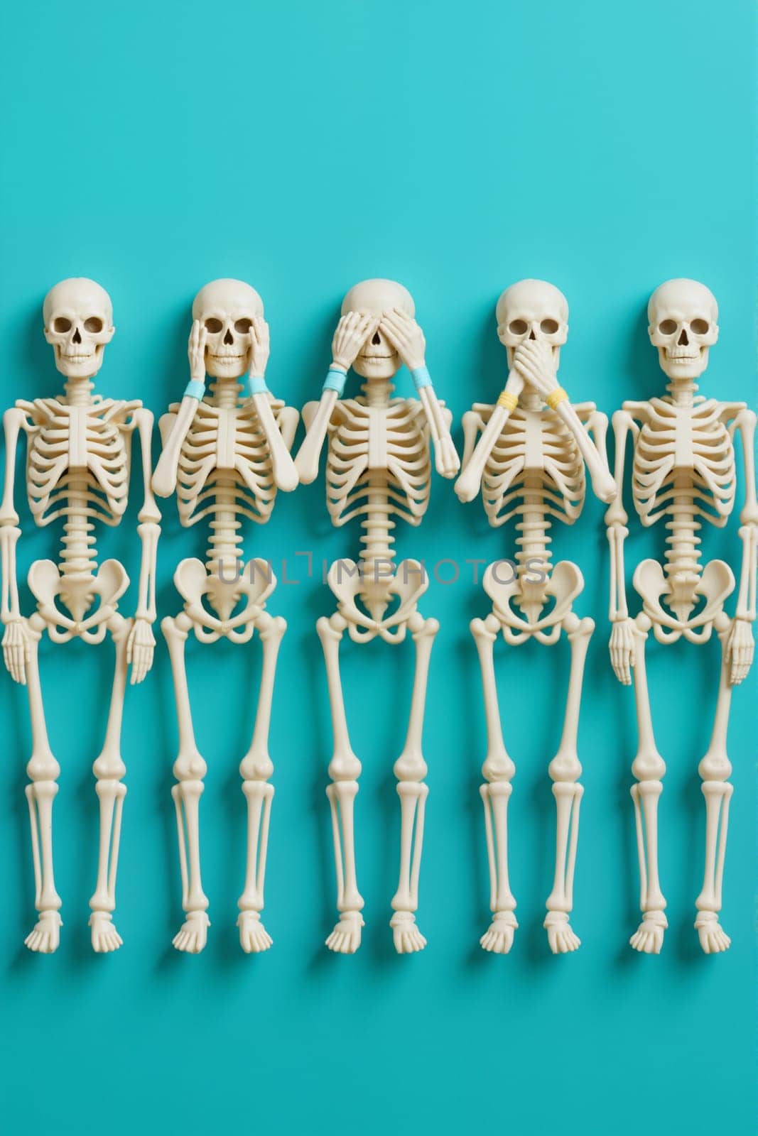 Multiple plastic skeletons lying in a row on blue background. AI generation.