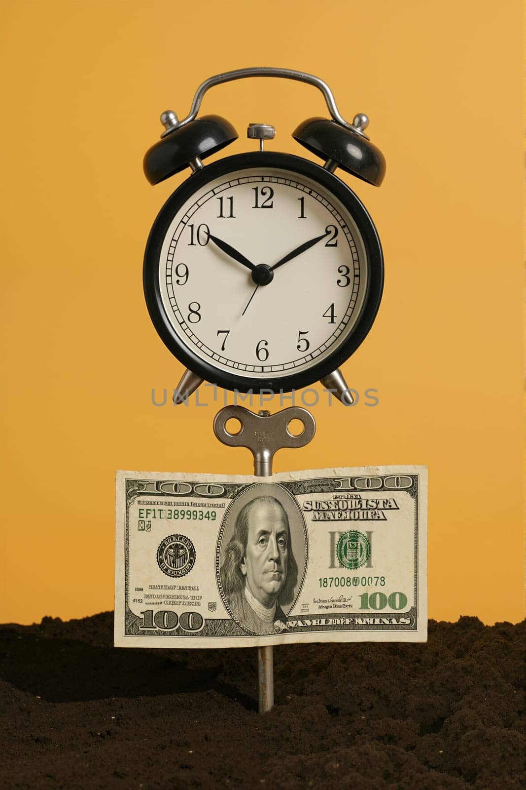 Black alarm clock and dollar bill planted in fertile soil. AI generation.