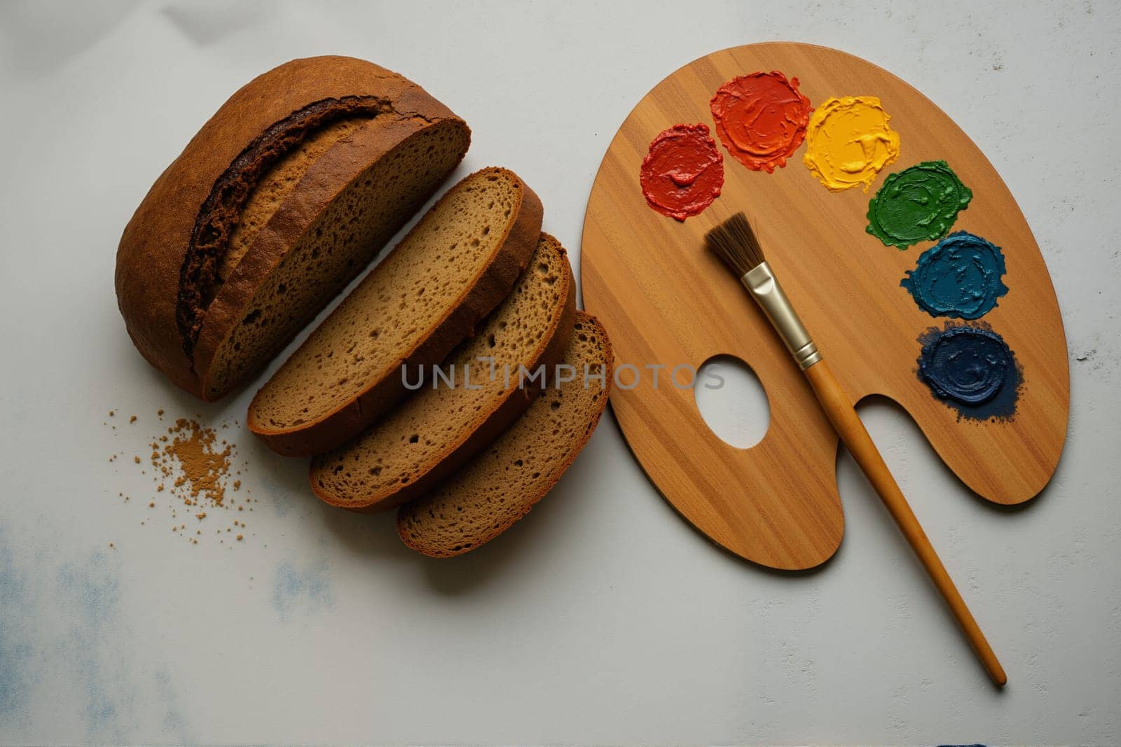 Sliced bread fused with artist palette and paintbrush. AI generation.