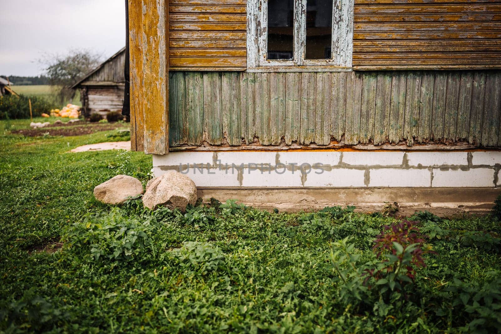 Weathered wooden house with a new foundation made of concrete blocks and plants growing around