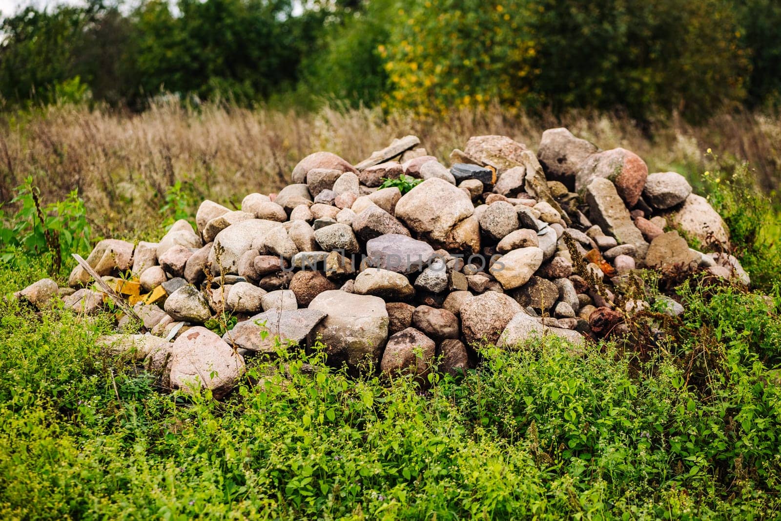 Pile of stones of various sizes, forming a small hill in a green field, with dry grass and trees in the background