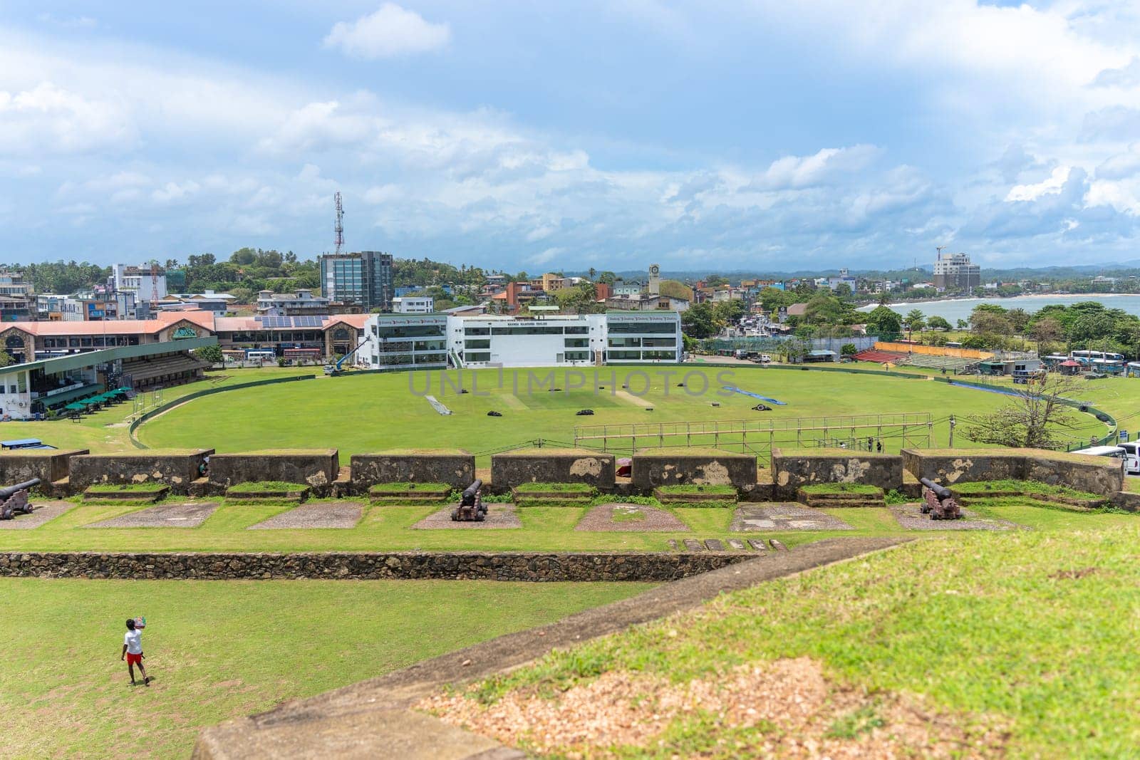 Galle Sri Lanka - September 14 2024; View across Galle city and Cricket ground from top of rampart and wall of Galle Fort.