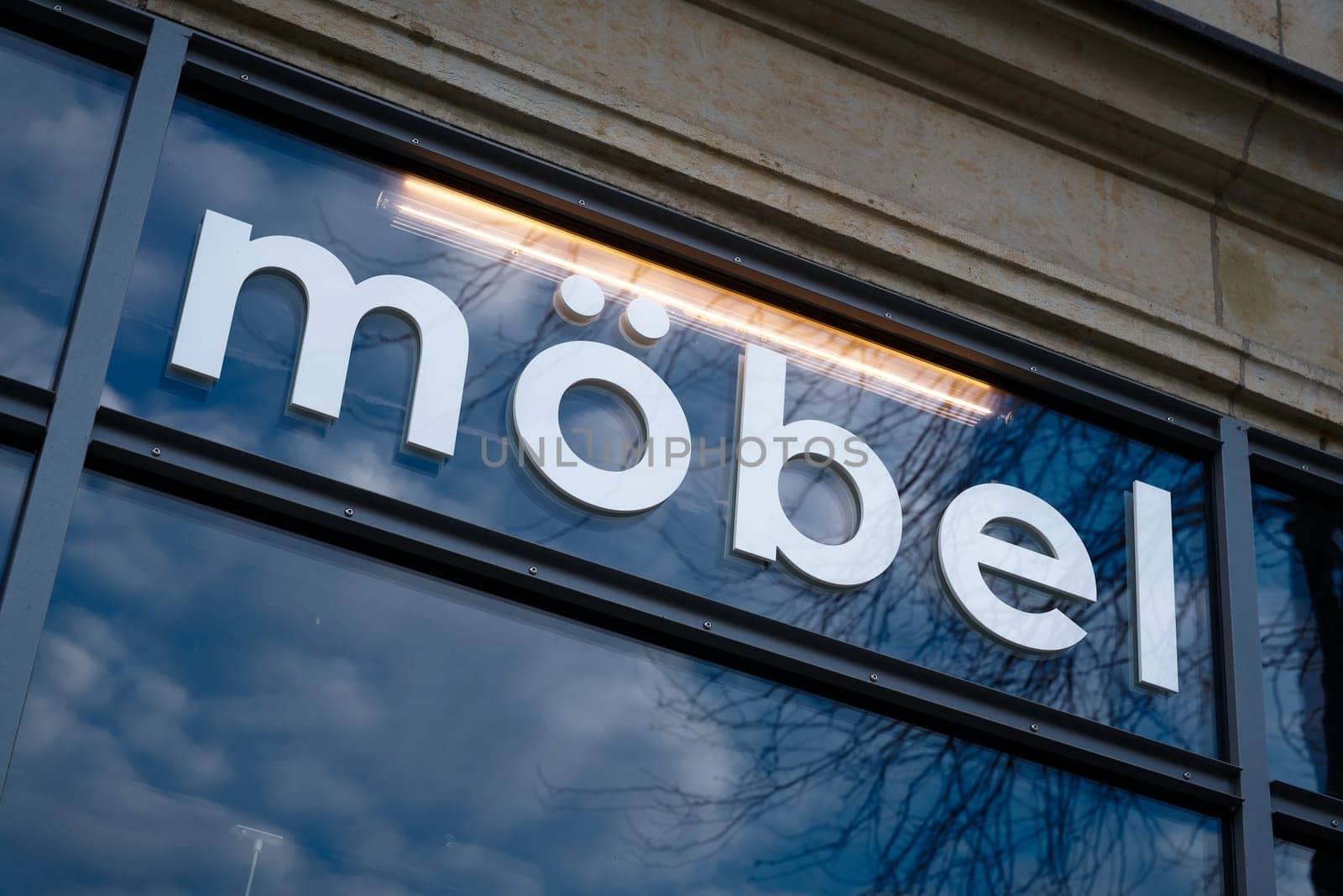 Shop window in a German city center with the German lettering Mobel. Translation: Furniture