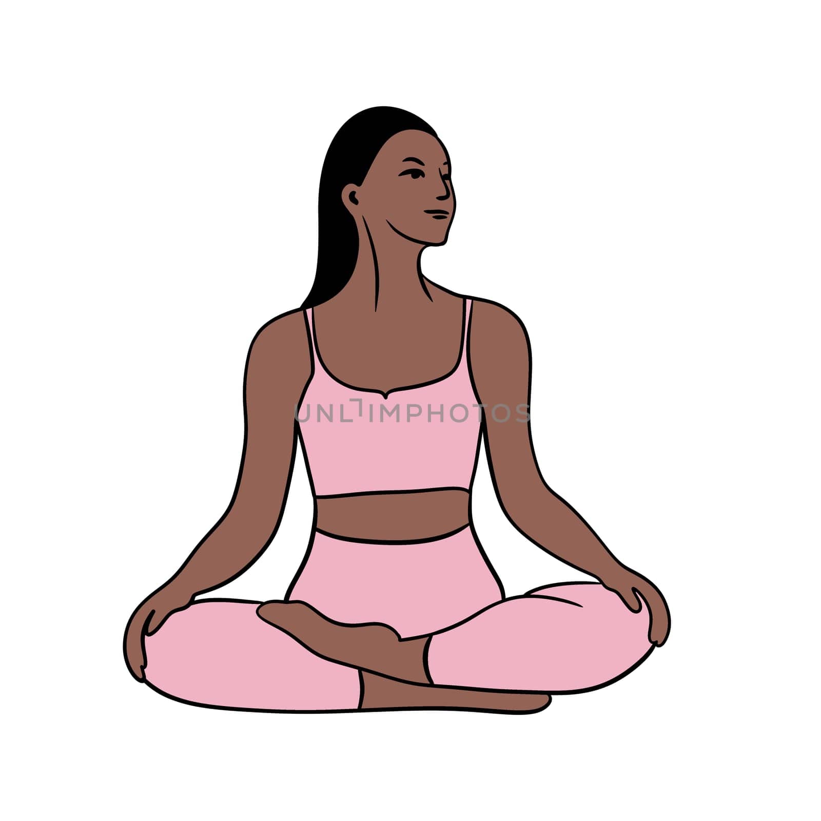 Hand drawn illustration of woman yoga meditation training. Fit fitness pilates female body sport, sportswear elegant healthy people gymnastics, workout exercise
