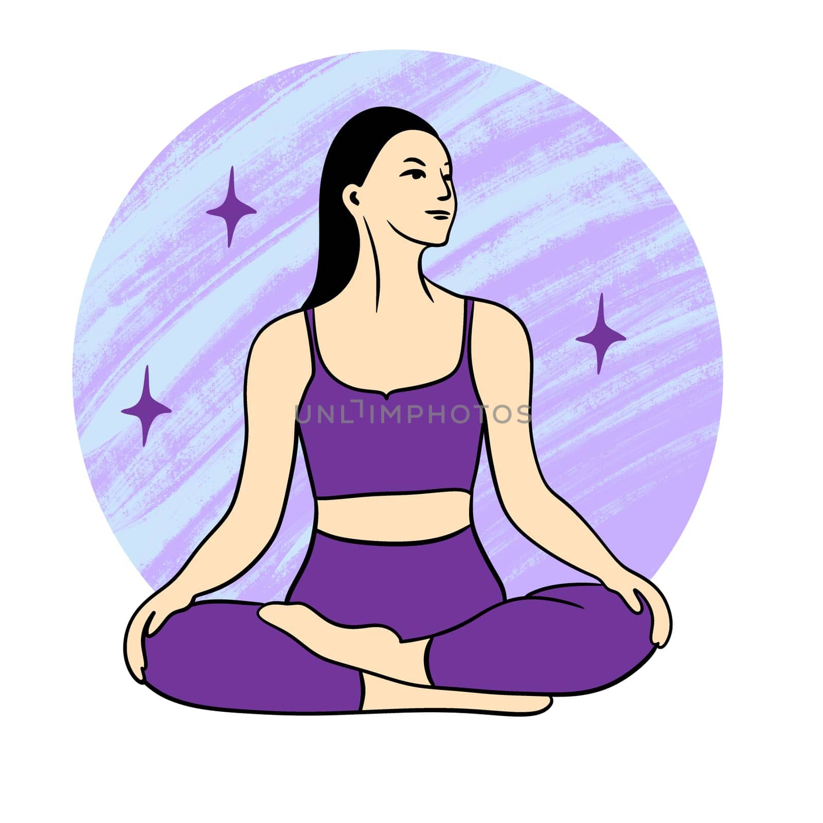 Hand drawn illustration of woman yoga meditation training. Fit fitness pilates female body sport, sportswear elegant healthy people gymnastics, workout exercise
