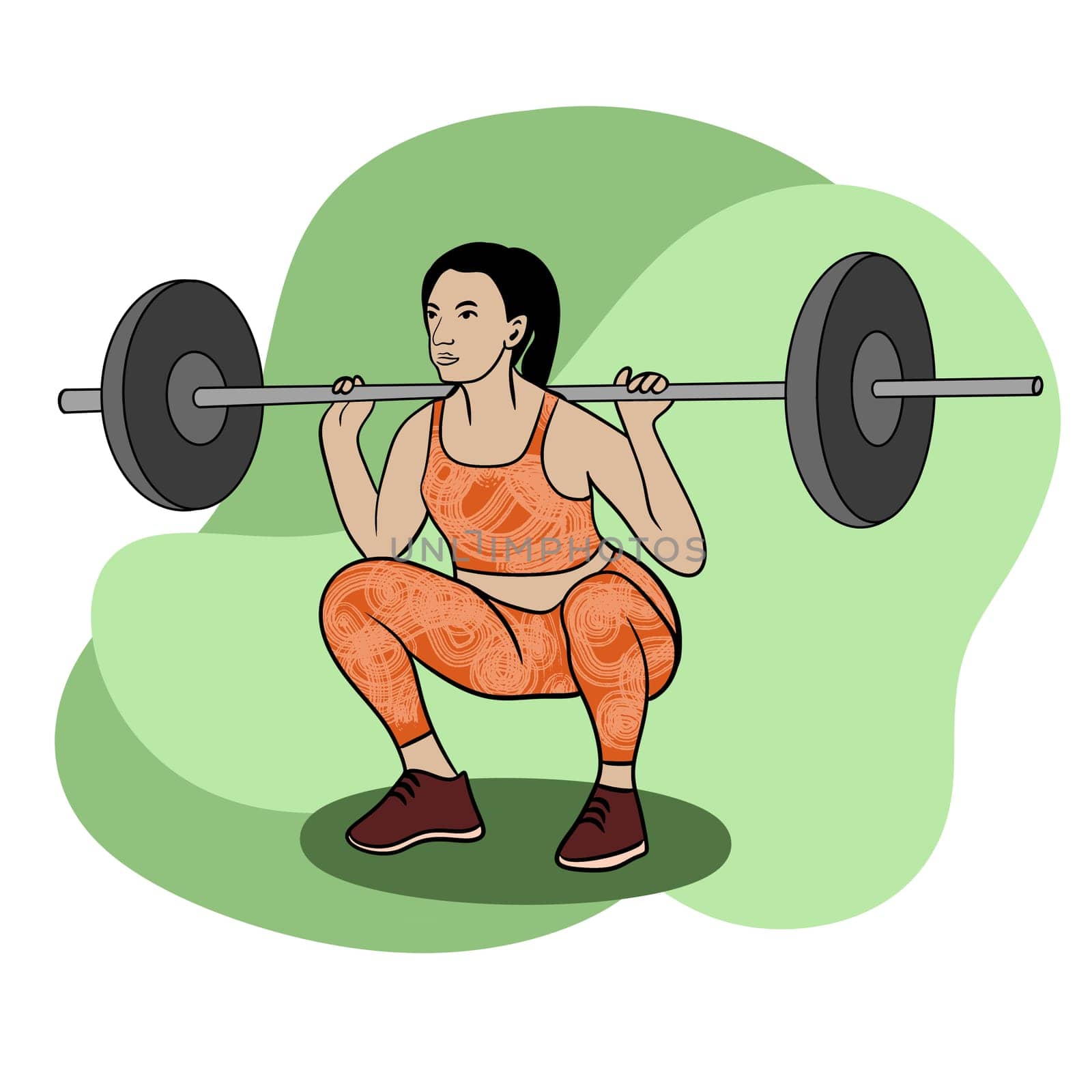 Hand drawn illustration of fitness training woman. Physical exercises gym session working out, modern sport art, confident fit female, weightlifting bodybuilding muscles, young girl athletic