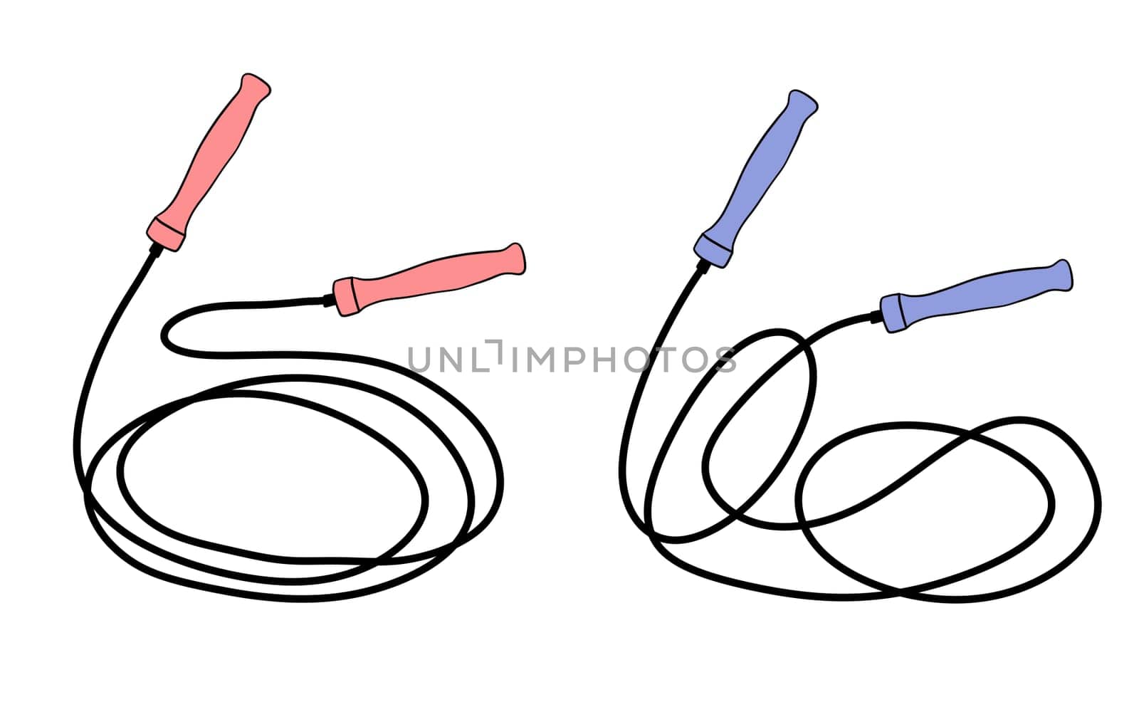 Hand drawn illustration of skipping rope jump jumping equipment. Gym workout sport fit leisure health, exercise training, cardio athletic black cord modern energy