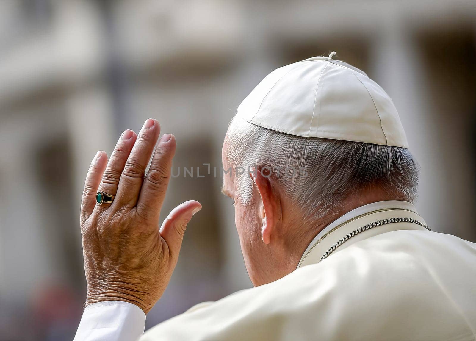 Rear view of Pope in white robe waving to large crowd during public ceremony. Scene depicts connection with large audience outdoors. AI generated.