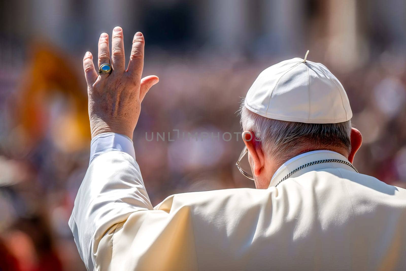 Rear view of Pope in white robe waving to large crowd during public ceremony. Scene depicts connection with large audience outdoors. AI generated.