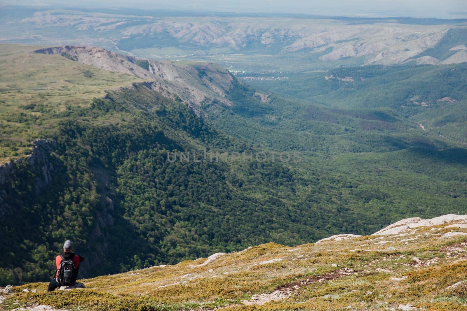 Male tourist looking at landscape green forest from mountain top