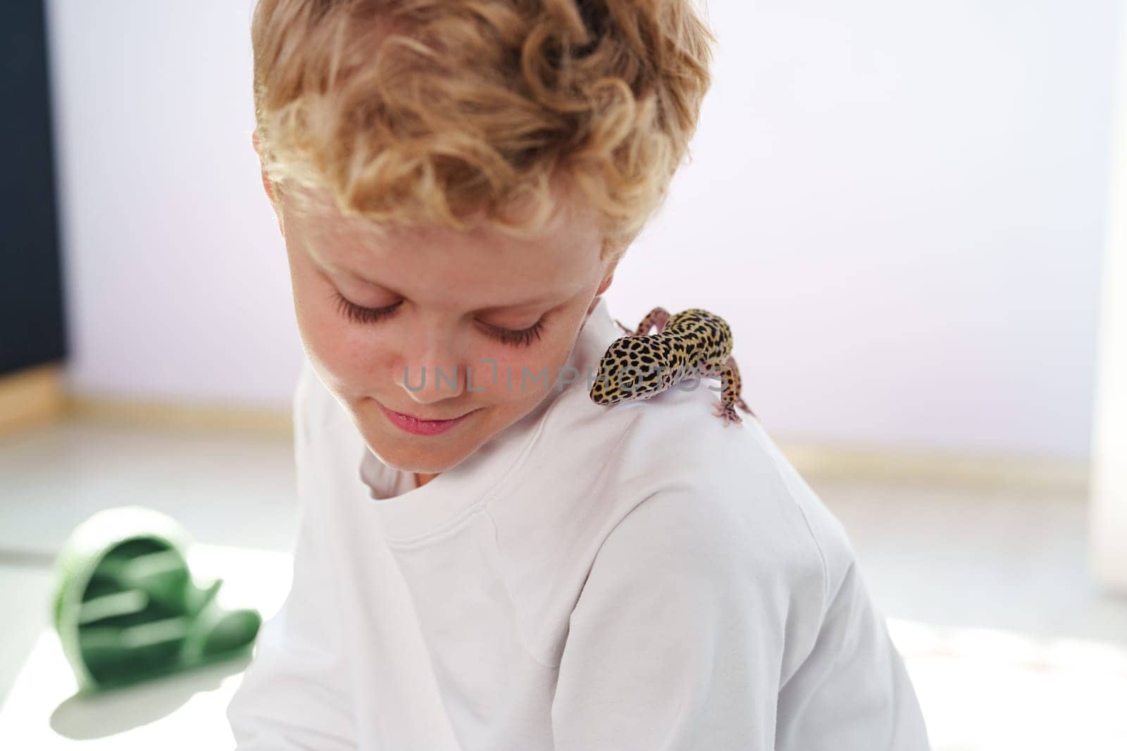 A young boy with curly blonde hair enjoys time at home with a leopard gecko perched on his shoulder. He appears focused and joyful, engaged in play during warm daylight.