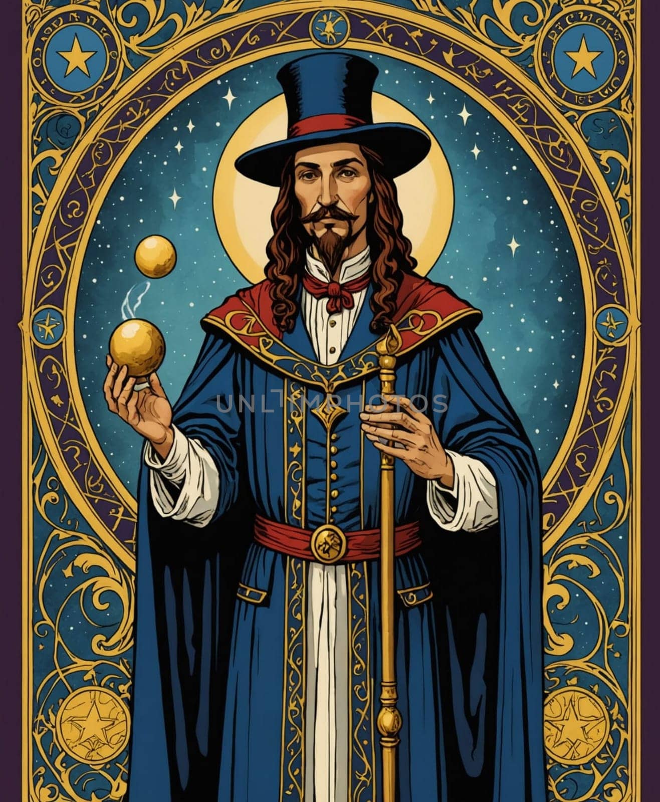 Major Arcana Tarot Card The Magician. A bearded man wearing a blue and red robe stands majestically with a staff, surrounded by an ornate circular design filled with stars and celestial symbols. He expertly balances two golden spheres in one hand, conveying a sense of mysticism and elegance. AI generated.