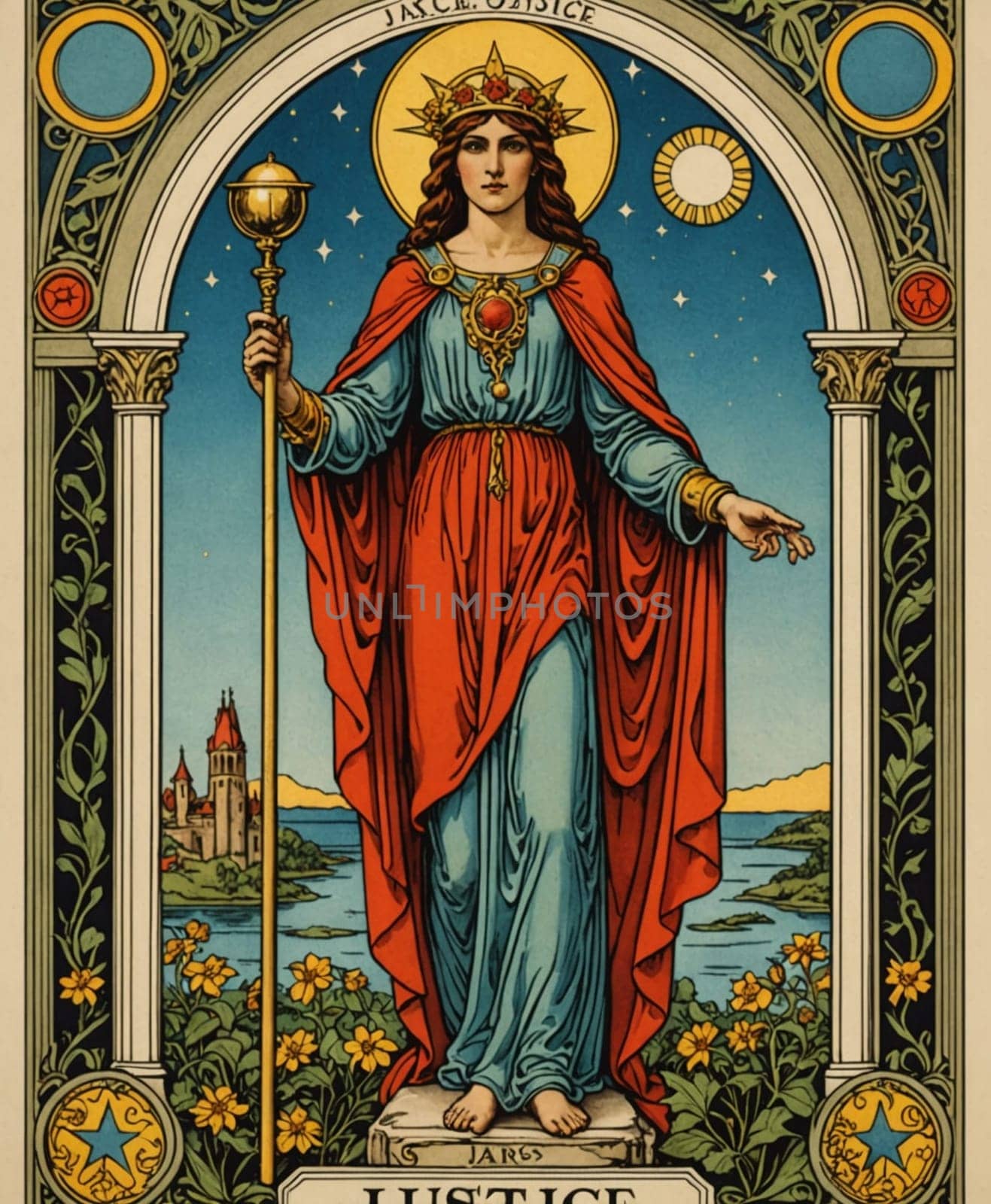 Major Arcana Tarot Card: Justice. A regal figure stands poised with a staff, adorned in flowing robes and a crown, set against a vibrant backdrop of nature and celestial symbols. Intricate borders and decorative elements frame the scene, adding to the image's rich and detailed aesthetic.