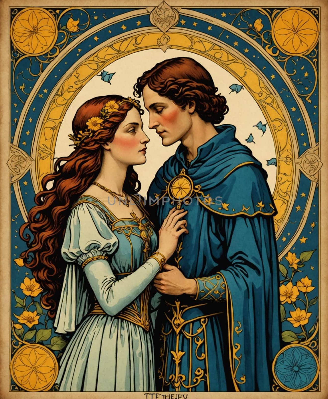 Major Arcana Tarot Card: The Lovers. A couple in medieval attire shares an intimate moment, surrounded by intricate floral and celestial patterns. The image exudes a sense of timeless love and peaceful intimacy, evoking a feeling of elegant romance.