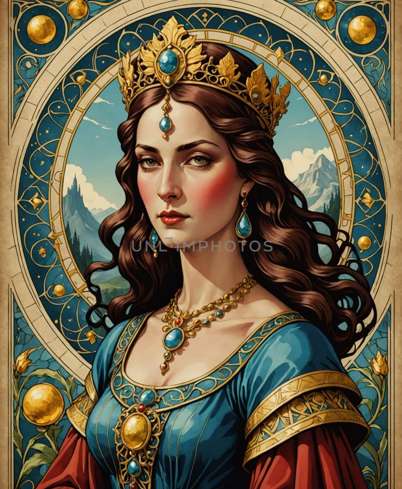 Major Arcana Tarot Card: The Empress. A regal woman adorned with a golden crown and vibrant jewels stands against a mountainous backdrop framed by intricate patterns. Her elegant attire features rich blues and golds, complementing her poised and dignified expression.