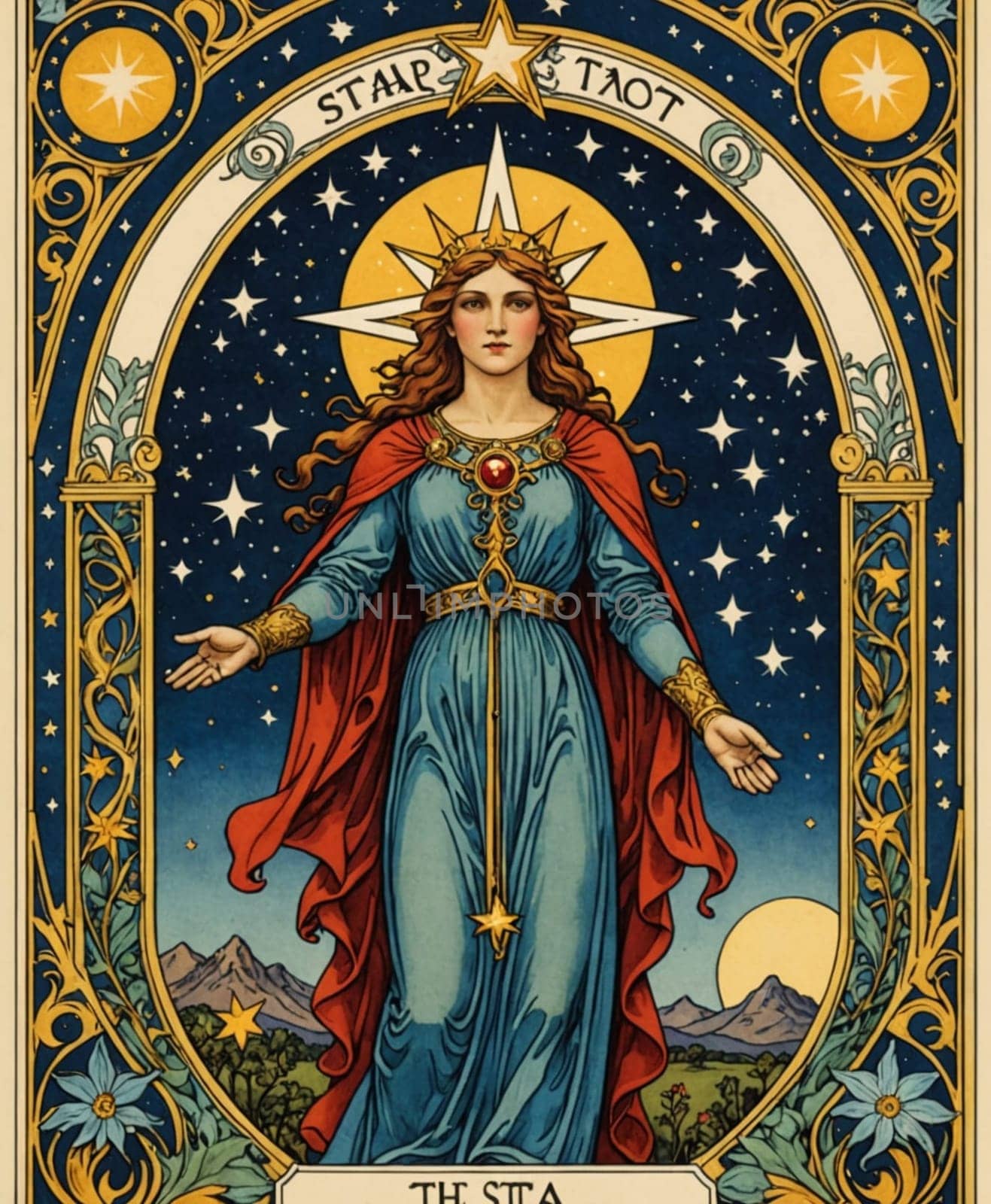 Major Arcana Tarot Card: The Star. A regal woman stands under a starry sky, wearing a blue gown and red cloak, crowned with a star. Surrounded by celestial symbols and intricate designs, she exudes a sense of mysticism and divinity.