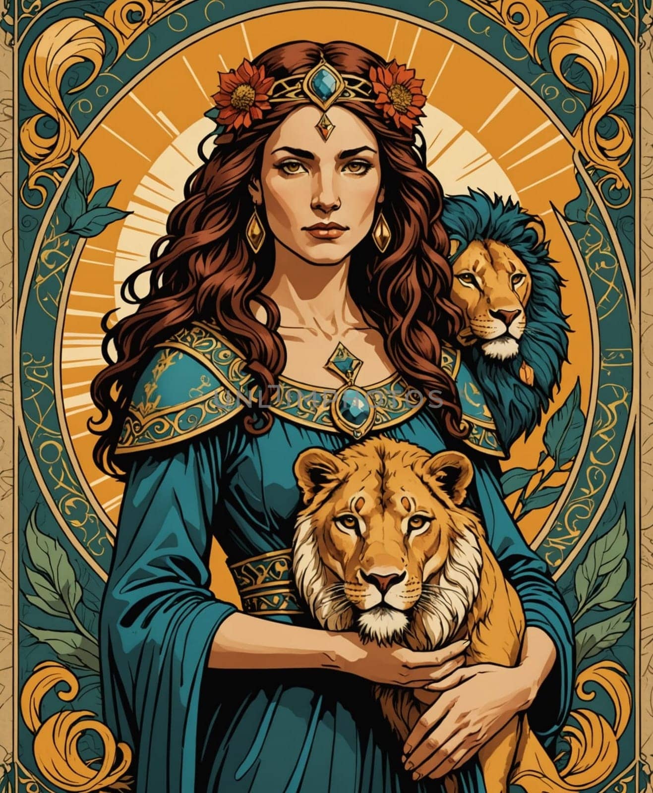 Major Arcana Tarot Card: Strength. A regal woman, adorned in an ornate teal dress with intricate golden patterns, stands confidently alongside two lions, symbolizing strength and majesty. Her hair is crowned with flowers and jewels, and the background features elaborate, swirling motifs, emphasizing an aura of elegance and power.