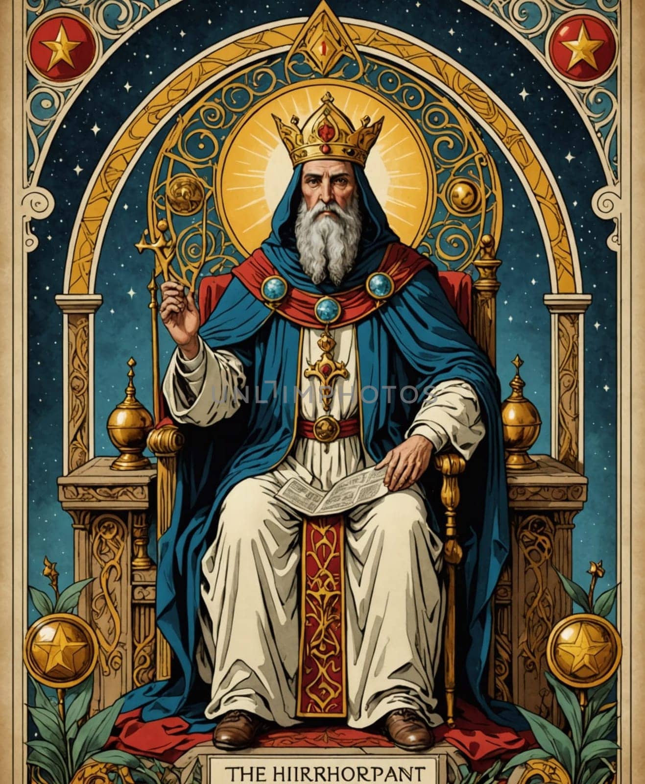 Major Arcana, Tarot Card: The Hierophant. A regal figure wearing a golden crown and ornate robes sits on a throne, holding a scepter in one hand and a scroll in the other. The background features a night sky filled with stars and intricate golden patterns.