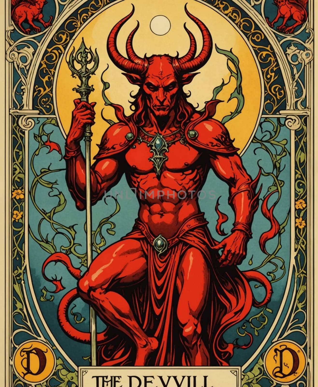 Major Arcana: Tarot Card: The Devil. A horned, muscular red devil figure stands prominently, holding a staff with intricate details and surrounded by ornate, decorative patterns. The background features warm tones and a circular design, evoking a mythological or fantasy theme.