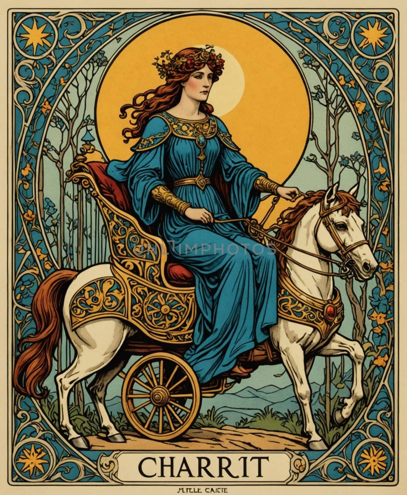 Major Arcana Tarot Card: Chariot. A regal woman rides a horse-drawn chariot, adorned in a flowing blue gown with gold accents, set against a decorative background with intricate patterns. Her head is crowned with flowers, and the scene conveys a sense of elegance and mythology.
