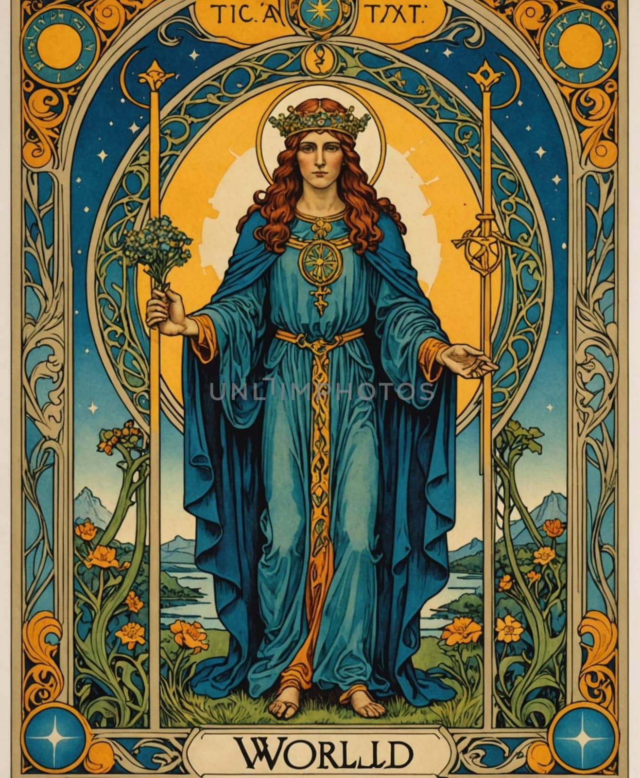 Major Arcana Tarot Card: The World. A regal figure stands at the center adorned with a crown and flowing blue robes, holding a scepter and flowers, surrounded by intricate patterns and celestial motifs. The scene conveys a sense of grace and authority, highlighted by vibrant colors and organic designs.