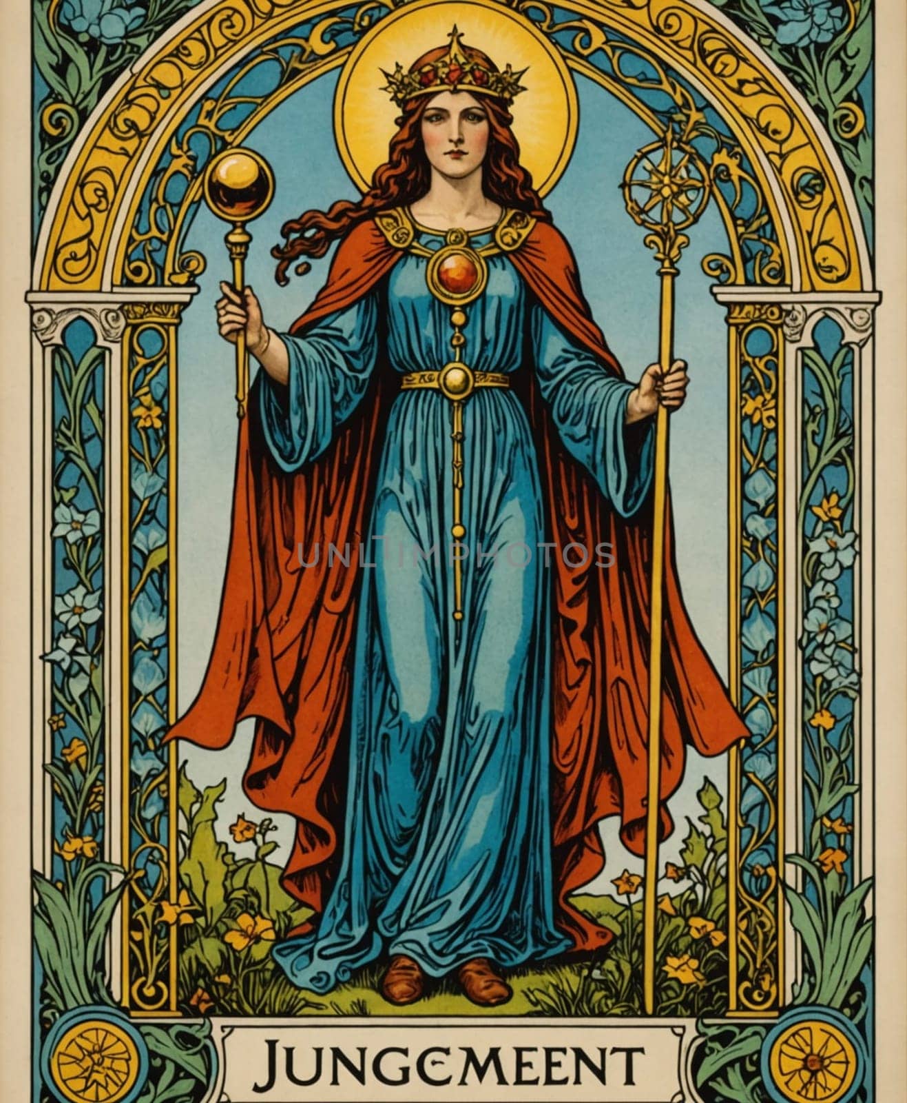 Major Arcana Tarot Card: The Judgement. A regal woman stands confidently, holding a scepter and orb, surrounded by intricate floral and architectural elements. She wears a crown with rays and is dressed in flowing robes, exuding a sense of authority and divinity.