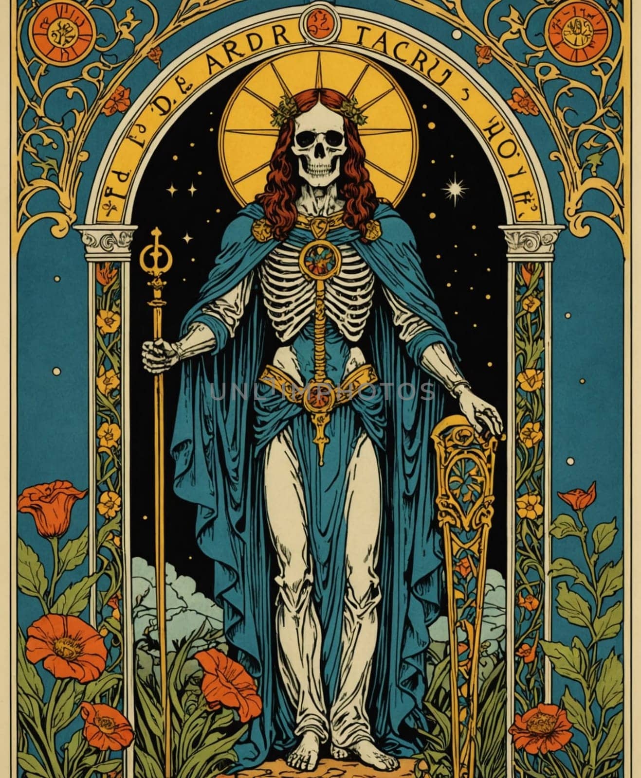 Major Arcana Tarot Card: Death. A skeleton adorned in a blue robe holds a staff and stands against a starry backdrop surrounded by vibrant red flowers. The scene is framed with ornate floral designs, and the skeleton is crowned with a halo, suggesting a symbolic or mystical theme.