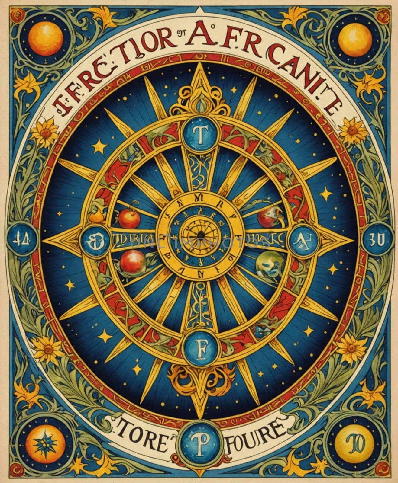 Major Arcana Tarot Card: Wheel Of Fortune. An intricate circular design features celestial elements with a central compass rose, surrounded by symbols and decorated with stars. Vibrant colors of blue, gold, and red are prominently used, along with ornate floral patterns around the edges.