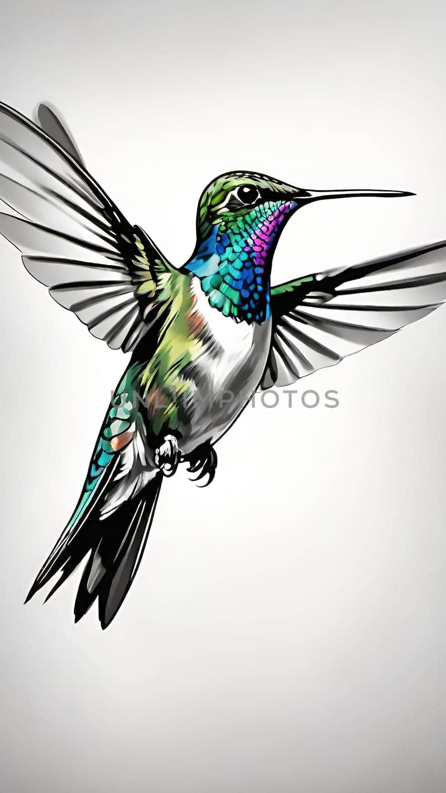 Beautiful hummingbird flying with vivid colors, shimmering feathers, and a blurred green backdrop