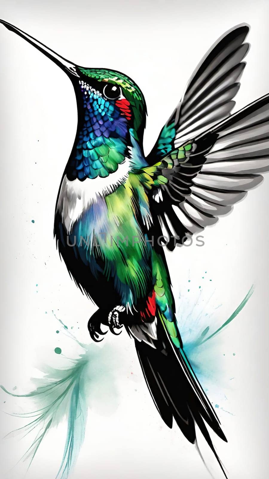 Beautiful hummingbird flying with vivid colors, shimmering feathers, and a blurred green backdrop
