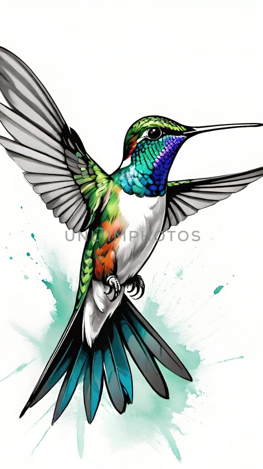 Beautiful hummingbird flying with vivid colors, shimmering feathers, and a blurred green backdrop