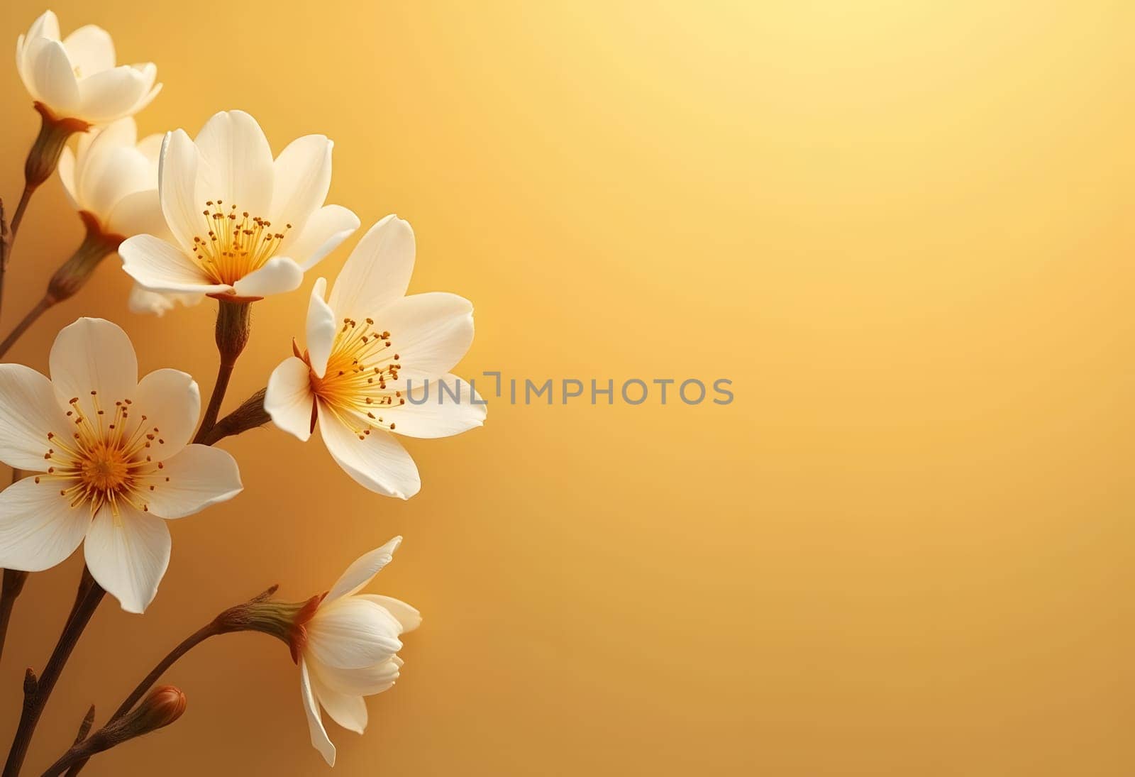A bright and cheerful yellow background featuring a cluster of vibrant yellow flowers on the left side. The warm tones create an uplifting and energetic atmosphere, perfect for summer designs, joyful branding, or happy occasion invitations. This high-quality image is ideal for digital and print projects that need a burst of sunshine and positivity