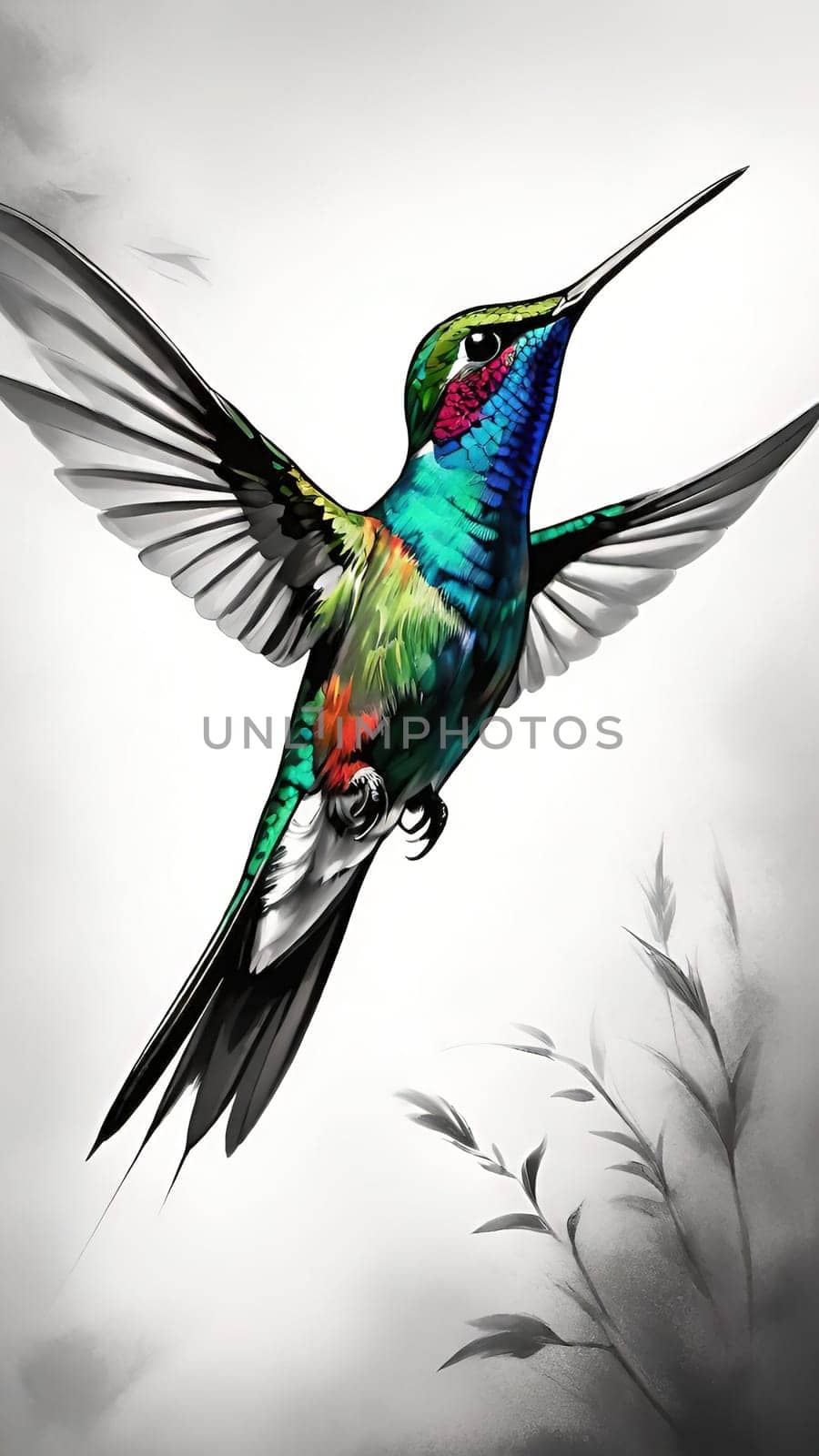 Beautiful hummingbird flying with vivid colors, shimmering feathers, and a blurred green backdrop